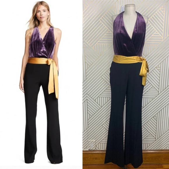 Ramy‎ Brook Nina Jumpsuit Purple Velvet Black Yellow Sash Size US 2 - Picture 1 of 12